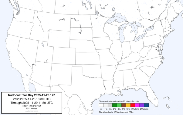 12z Day #Tornado Forecast - a map of the United States depicting areas of various colors to incidate tornado risks