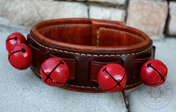 A dark brown leather collar with red bells