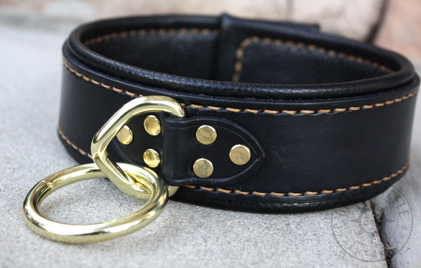 A black leather collar with golden-tan stitching, brass hardware, and a chunky loop-and-ring attachment