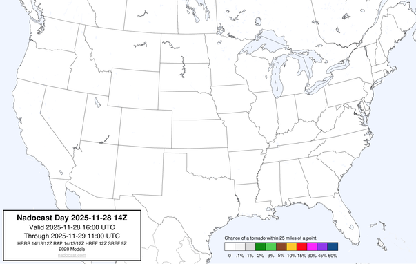 14z Day #Tornado Forecast - a map of the United States depicting areas of various colors to incidate tornado risks