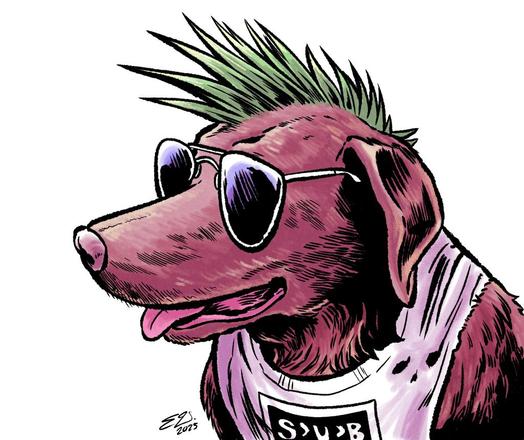 Punkified brown dog wearing sunglasses with spiked green hair