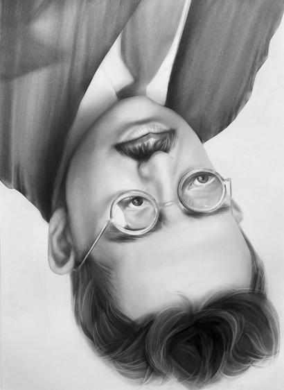 A highly detailed upside down black and white portrait of a mustachioed man wearing glasses.