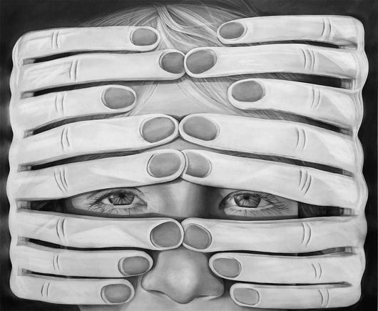 A close-up of a face partially obscured by multiple hands, highlighting one expressive eye and creating a sense of confinement.