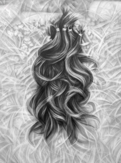 A detailed black-and-white artwork of long, wavy hair lying on soft grass, highlighted with subtle highlights and textures.