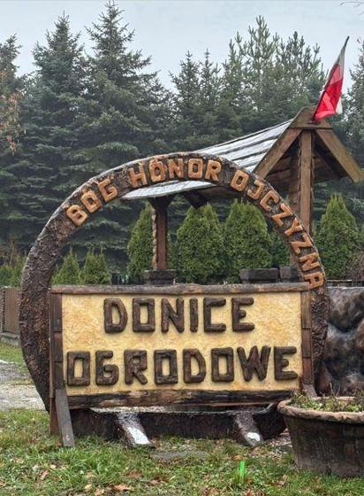 Obraz przedstawia drewnianą konstrukcję przypominającą bramę, stojącą na zewnątrz. Konstrukcja jest zbudowana z grubych, obrobionych pni drzew, tworzących kształt łuku. Na środku łuku znajduje się tablica z tekstem. W tle widać gęsto posadzone rośliny, prawdopodobnie iglaki. Po prawej stronie widać fragment ceramicznej donicy. 

Tablica umieszczona na konstrukcji zawiera napis:
"DONICE OGRODOWE"
Nad napisem, ułożonym w rzędach dużych, drewnianych liter, widnieje dodatkowy napis:
"BOG HONOR OJCZYNA"

BÓG-HONOR-OJCZYZNA-DONICE OGRODOWE!