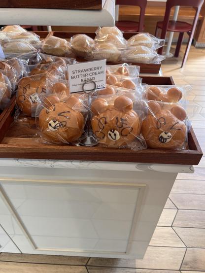 Photo of bear shaped breads labeled “strawberry butter cream bread.”