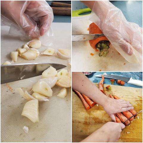 A three-panel composite image showcasing food preparation, with hands in clear plastic gloves holding knives and cutting garlic and carrots on cutting boards. The top right shows a carrot being trimmed, the lower right panel shows carrots being chopped, and the lower left panel shows garlic being cut up.