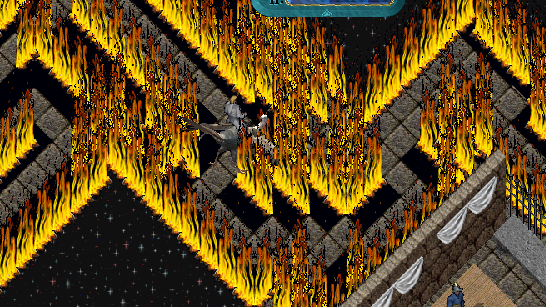 A man riding a giant turkey through a hallway of fire