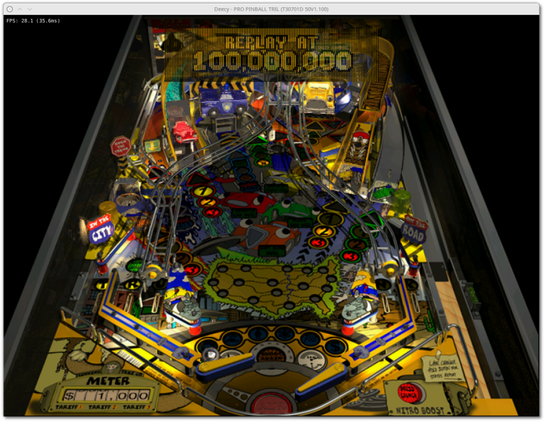 🕶️ A top view of Pro Pinball Trilogy, a pinball game under the Deecy interface. Its menus hide automatically to avoid disturbing the game.

📚️ Deecy is a libre, multi-platform experimental SEGA Dreamcast console emulator. It requires the console's BIOS (dc_boot.bin, dc_flash.bin files) to run, and game files must be in *.chd, *.cdi or *gdi format. Features include support for displaying recognized games under the interface, resolution adjustment, several types of graphics scaling (Fit, Center, Stretch), upscaling (x2 to x5), region selection (USA, Europe, Japan - for region-locked games), cable type selection (VGA, RGB, Composite), status saving, and up to 3 gamepads. In 2025, it can already run a good range of games (how many?) in relatively good conditions (the emulator is still a little slow) (functional graphics and sound). It has a fairly good interface (drag-and-drop adjustable dimensions) and is fairly easy to set up. A good emulator.