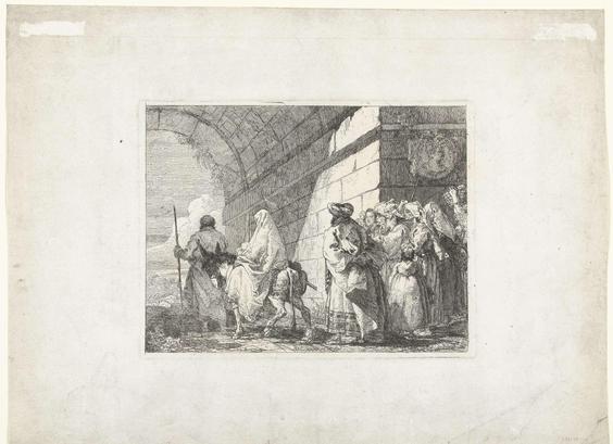 Heilige familie vertrekt door een stadspoort, Giovanni Domenico Tiepolo, 1750 - 1753