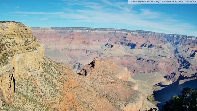 In this north-facing view, the Battleship is in the center, and Havasupai Gardens (formerly known as Indian Garden) is visible - lower right, 3000 feet (915 m) below. Kolb Studio was the family home and photography studio of the Kolb Brothers, pioneer photographers at Grand Canyon. Verify that the time and date of the picture is current (upper left in image) Camera is hosted by Grand Canyon Conservancy. The image updates every minute.