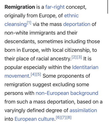 The image contains text discussing "Remigration," defining it as a far-right concept related to ethnic cleansing and mass deportation of non-white immigrants, with connections to the Identitarian movement. It also mentions the exclusion of some individuals based on their background.
