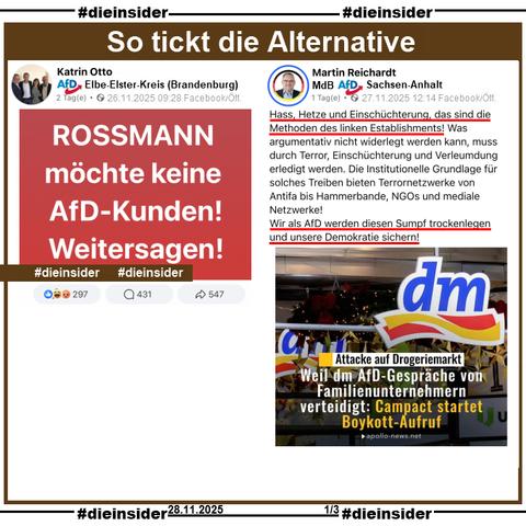 Katrin Otto von der AfD Elbe-Elster in Brandenburg postet am 26.11.2025 
"ROSSMANN möchte keine AfD-Kunden! Weitersagen!"

Außerdem zeigen wir hier noch den Post des Bundestagsabgeordneten der AfD Sachsen-Anhalt Martin Reichardt, der am 27.11.2025 postet 
"Hass, Hetze und Einschüchterung, das sind die Methoden des linken Establishments! Was argumentativ nicht widerlegt werden kann, muss durch Terror, Einschüchterung und Verleumdung erledigt werden. Die Institutionelle Grundlage für solches Treiben bieten Terrornetzwerke von Antifa bis Hammerbande, NGOs und mediale Netzwerke! Wir als AfD werden diesen Sumpf trockenlegen und unsere Demokratie sichern!" und dazu ein Bild mit "Attacke auf Drogeriemarkt: Weil dm AfD-Gespräche von Familienunternehmern verteidigt: Campact startet Boykott-Aufruf."