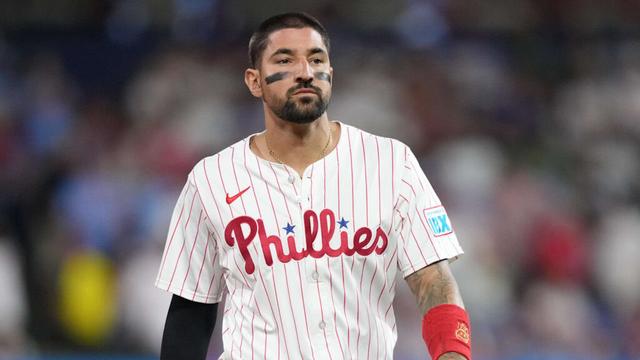 Aug 30, 2025; Philadelphia, Pennsylvania, USA; Philadelphia Phillies outfielder Nick Castellanos (8) looks on against the Atlanta Braves in the tenth inning at Citizens Bank Park.
