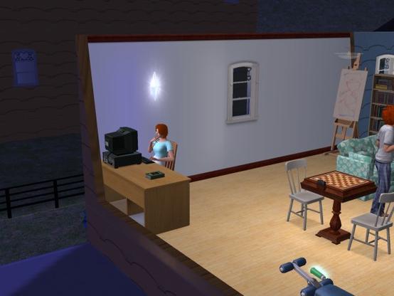 A cozy room with a person sitting at a desk with a computer, surrounded by a few chairs and a chess table.