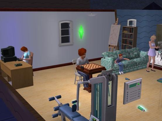 A cozy room featuring four characters engaged in various activities: one is working on a computer, another is playing chess, a child is sitting on a sofa, and an adult is moving in the background.