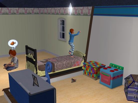 A child in pajamas stands on a bed and appears to be jumping, while another child sits nearby with a thought bubble showing a fish. The room is decorated with children's furniture, a colorful toy set, and has a window with curtains.