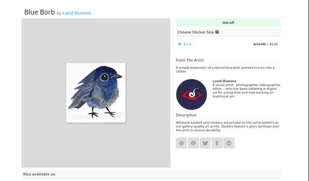 screenshot of inprnt.com which shows the blue borb sticker and its discounted price. 

the art work is a super simple water color painting done of a rotund bird.
