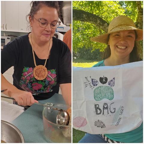 A two-panel image showing an Indigenous woman in a kitchen setting and another of her outside. Left panel: Woman wearing glasses and a necklace, holding a ladle over a glass measuring cup, wearing a black t-shirt with a floral design. Right panel: Woman wearing a straw hat, smiling and holding a white tote bag with stamped images of fruit, the word "ORCHARD" and "BAG," and the words "desert king Fig", "I love Welland Orchard" and "Coastal Sage".