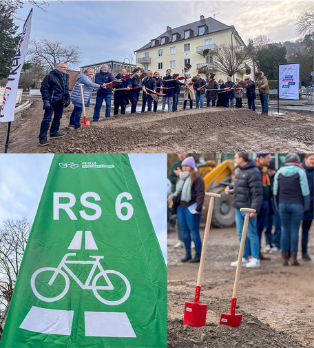 Politiker:innen stehen in einer Reihe und werfen Erde mit einen Spaten durch die Gegend. Darunter ist ein Bild von einer Flagge mit dem Radschnellweg-Symbol und der Aufschrift RS6 zu sehen. Daneben ist ein Bild mit 2 Spaten.