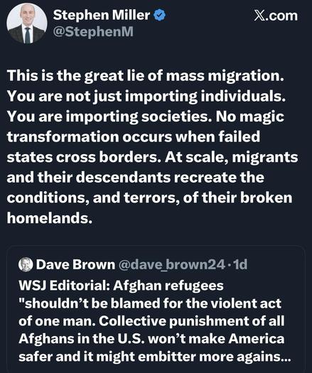 The image features a Twitter post by Stephen Miller discussing mass migration, claiming it involves importing entire societies rather than just individuals, and implying negative consequences. Below his post, there is a tweet from Dave Brown addressing Afghan refugees and collective punishment.