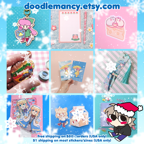 ad for my shop showing some of my products: notepads, pins, bookmarks, mini prints, charms, and stickers. http://doodlemancy.etsy.com, free shipping on $50+ orders (US only) and most stickers ship for $1 (US only).