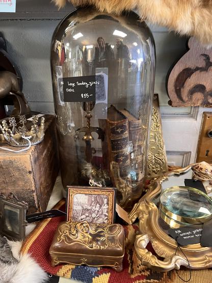 Photo of a shelf with various antiques on it - old books, gold filigree, a large glass cloche, a magnifying glass.