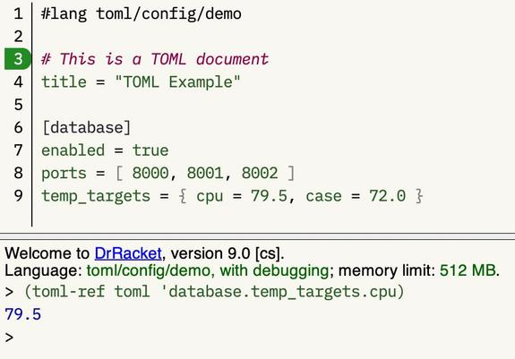 Screenshot of DrRacket definitions and interactions: the definitions section shows a TOML document written in a `#lang toml/config/demo` DSL. The interactions section shows the TOML data being referenced with `(toml-ref toml 'database.temp_targets.cpu)` (outputs 79.5)