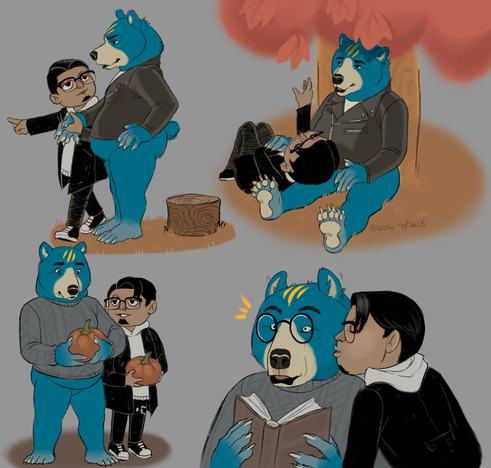 Four sketches of a blue bear Groucho from Animal Crossing and my player character. In the first one they're standing and the player takes his hand and points somewhere outside of the frame. In the second one he is sitting under a tree with the player resting next to him with their head on his thigh trying to reach for a leaf from the autumnal tree. In the third one they're walking with pumpkins in their hands. In the third one he is reading and the player is kissing him on the cheeck while he looks surprised.