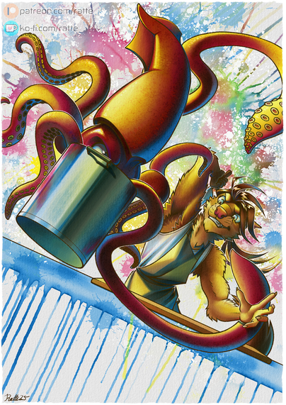 A male anthropomorphic weasel tries to prepare a giant squid in a cooking pot.