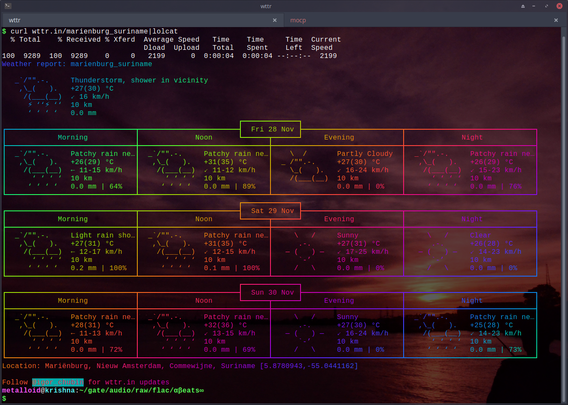 The image displays a weather report interface with a dark background and brightly colored text and symbols indicating weather conditions over three days: November 28th, 29th, and 30th. Each day is divided into four sections – Morning, Noon, Evening, and Night – with details on precipitation, temperature, wind speed, and a percentage indicator. The interface contains a header with numerical data and a footer displaying social media links. 

The header reads: "100 9289 100 9289 0 0 0 0 0 0". Below this is the text: "Weather report: marinenburg.suriname"