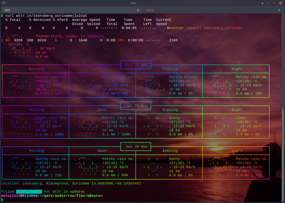 The image is a screenshot of a command-line weather application named “wttr”. It displays a weather forecast for Leonsberg Suriname, broken down into daily sections: Fri 28 Nov, Sat 29 Nov, and Sun 30 Nov, each with four columns representing Morning, Noon, Evening, and Night. Each column shows weather conditions, temperature in Celsius, wind speed in km/h, and rainfall in mm.

The top section of the image states: "Thunderstorm, shower in vicinity". It shows a temperature of "+27(30) °C", a wind speed of "16 km/h", a rainfall amount of "0.0 mm", and a "9269" value.