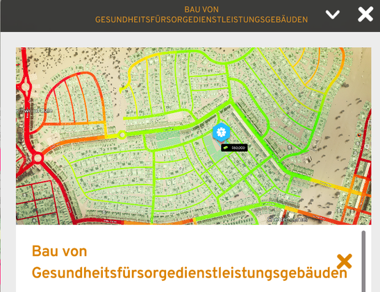 Tutorial popup from Cities: Skylines 2's German version, featuring an extremely long word in both the window's titlebar and its image's caption.

The text is:
"Bau von Gesundheitsfürsorgedienstleistungsgebäuden".

The tutorial image depicts a city map where the player hovers a hospital building, with its radius of effect overlaid over the road network.