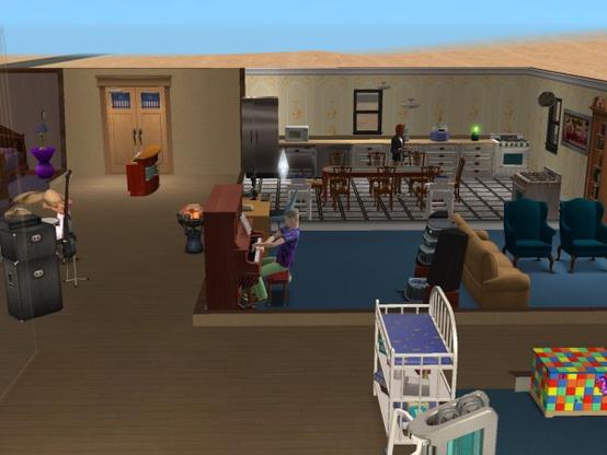 A cozy living room with a piano, seating area, and a dining table in the background. A child is in a crib, and a person is cooking in the kitchen.