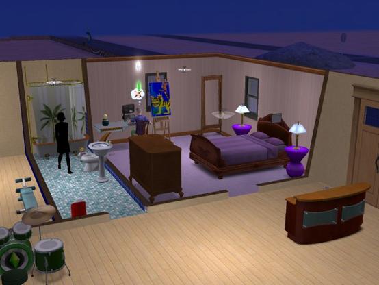 Interior view of a cozy bedroom and bathroom setup in a video game, featuring a bed, decorative lamps, wooden furniture, and a shower area with plants.