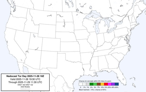 18z Day #Tornado Forecast - a map of the United States depicting areas of various colors to incidate tornado risks