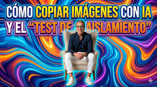 Imagen destacada en formato y estilo miniatura para YouTube de un sujeto sentado en un sillón, con colores vibrantes en el que se lee "Cómo copiar imágenes con IA y el test de aislamiento".