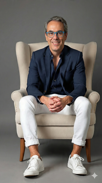 Retrato fotorrealista de cuerpo entero de un hombre de 60 años sentado en una butaca moderna de tela bouclé color crema. El hombre tiene el cabello corto y gris peinado hacia atrás, lleva gafas de pasta color azul brillante y tiene una sonrisa amplia y amable. Viste elegante pero casual: americana azul marino texturizada, camisa negra desabrochada en el cuello, pantalones blancos remangados en los tobillos y zapatillas blancas. Está inclinado ligeramente hacia adelante con los codos sobre las piernas y las manos entrelazadas, proyectando confianza. Iluminación suave de estudio, fondo gris liso, fotografía 8k de alta definición