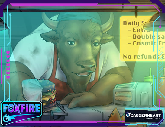 Ad card for Foxfire from Underground Oracle Publishing featuring furry art by Kendal Gates.