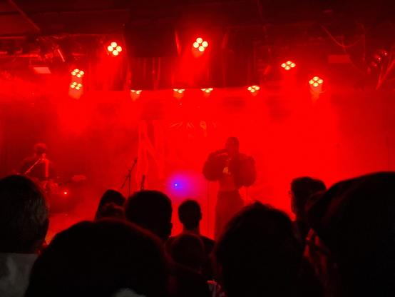 Foto von Nenda in rotem Licht. Sie trägt ein pelziges schultertop. Im vordergrumd sind die Hinterköpfenvon Zuschauer*innen zu sehen