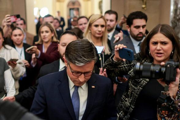 U.S. House Speaker Mike Johnson (R-LA) departs the House floor, following the vote of the U.S. House of Representatives, which passed the bill seeking to release files related to the late convicted sex offender Jeffrey Epstein, on Capitol Hill in Washington, D.C., U.S., November 18, 2025. REUTERS/Jonathan Ernst