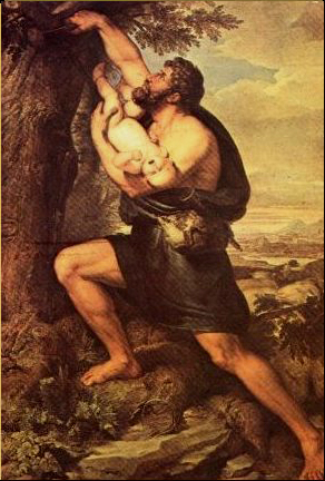 Tableau dont j'ai pas retrouvé le ou la peintre, un homme attachant le bébé Œdipe à un pin.
Description longue et avec des blagues : un homme brun, barbu, vêtu d'une tunique bleu sombre à l'antique apparemment sans rien dessous, putain il doit se cailler le mec, enjambe virilement un amas de rochers. Il dresse la tête et tend le bras droit vers un arbre au tronc massif. Porté dans ou sur son bras gauche vu que le peintre doit pas connaître la gravité, un bébé presque tête en bas, tout nu, pleure. L'arrière-plan est un paysage de rocaille avec vaguement la mer à l'horizon.