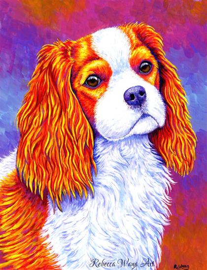 A colorful painting of a Cavalier King Charles Spaniel
