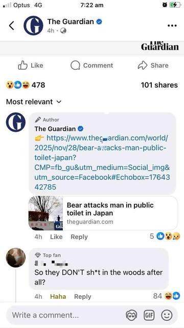 A screen shot of a link to a Guardian article about a bear attacking a man in a public toilet in Japan. A comment replies "So they DON'T sh*t in the woods after all".