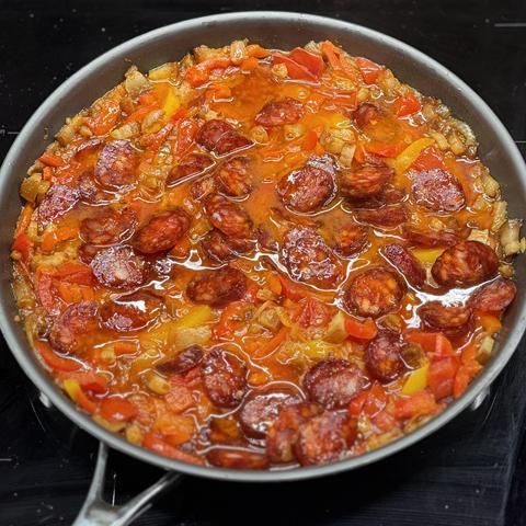 The big pan with the lecsó just after I added the paprika sausage.