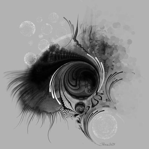 watercolour; monochrome black and white image of a swirling sphere in the centre surrounded by curved lines, feathered droplet groups and faded bubbles