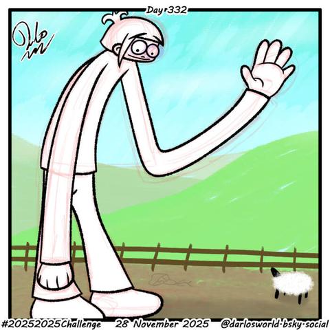 Drawing of Darlo but with stretched out of proportion limbs.