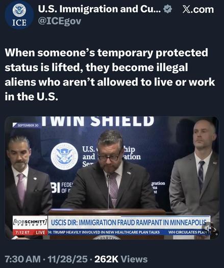 Image features a press conference with a man speaking at a podium labeled "USCIS DIR: IMMIGRATION FRAUD RAMPANT IN MINNEAPOLIS." Two other men stand beside him. The background includes ICE…