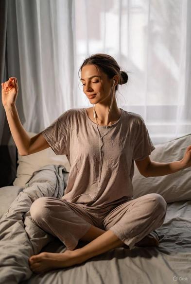 Una toma vertical y bien iluminada de una mujer joven sentada en la cama, en lo que parece ser un dormitorio.
Sujeto: Está vestida con un pijama de color beige o gris claro, sentada con las piernas cruzadas. Tiene los ojos cerrados y una expresión de placer o tranquilidad, sugiriendo que está disfrutando de la música. Lleva auriculares blancos con cable.
Acción: Sus brazos están ligeramente levantados y las manos están gesticulando suavemente, como si estuviera escuchando una melodía o bailando con la música.
Fondo: Se encuentra en una cama con ropa de cama gris y almohadas mullidas. Detrás de ella hay una gran ventana con cortinas blancas y transparentes, lo que permite que una luz natural y suave ilumine la escena.
La imagen transmite una sensación de paz, comodidad y disfrute privado de la música por la mañana.