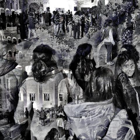 Barcelona digital edited double exposure street photography, made with the GNU Image Manipulation Program.